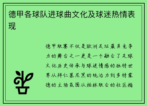 德甲各球队进球曲文化及球迷热情表现