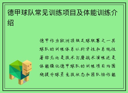 德甲球队常见训练项目及体能训练介绍